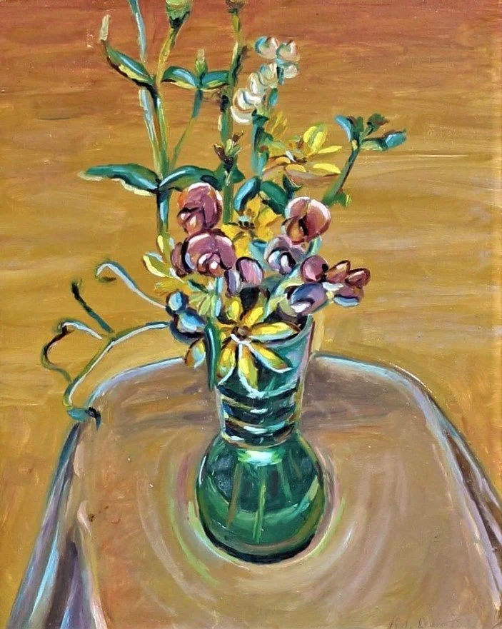 Oil painting of flowers in a traditional vase on a stool top, exploring color, balance, and the quiet presence of floral still life.