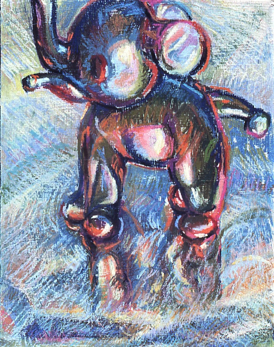 Pastel drawing of a small glass elephant lit from above, its colors fragmented and casting a bold shadow on the surface below.