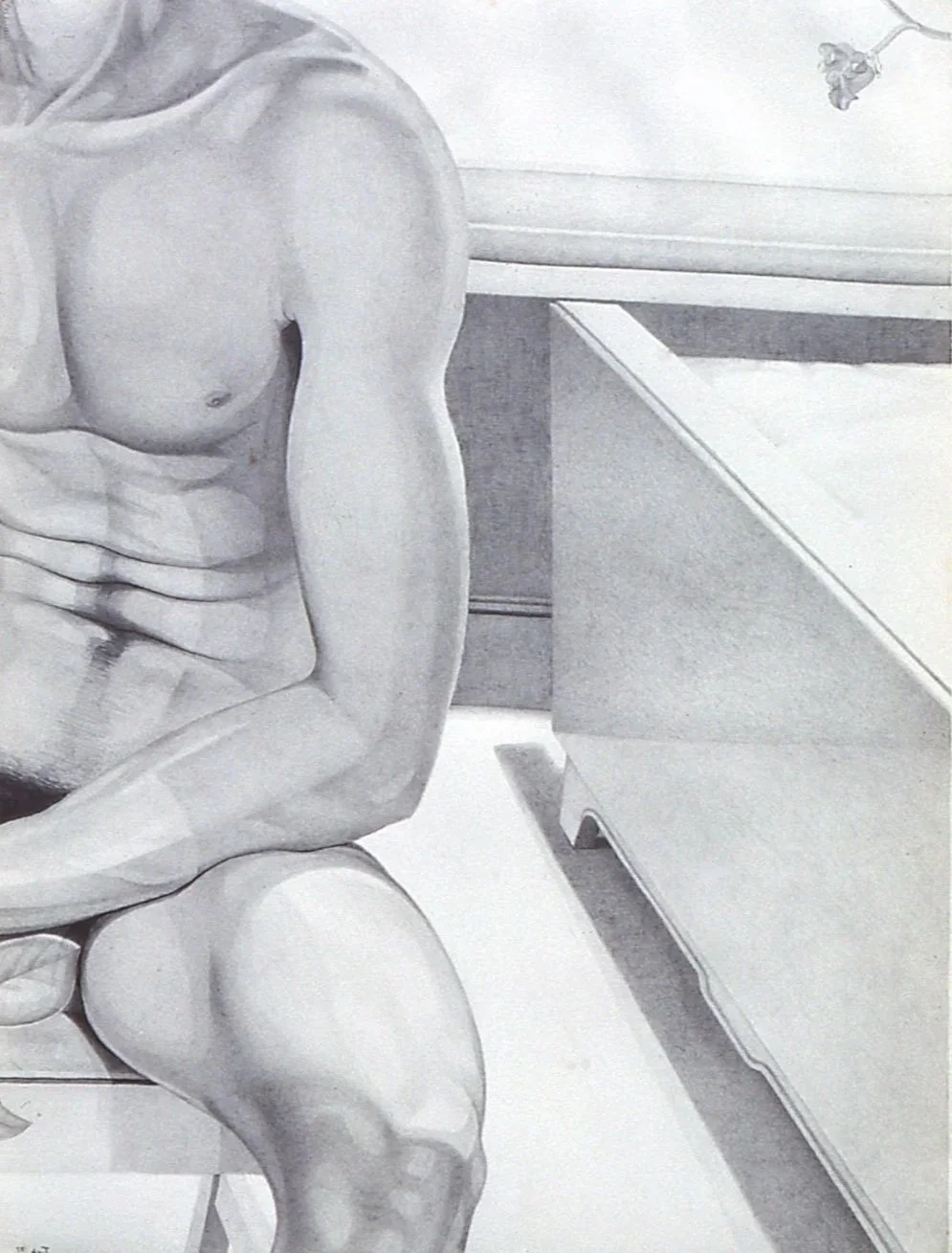 Pencil drawing of a seated nude male figure showing his left from the shoulder to the knee with a flat surface of nearby furniture angled toward the center of the image