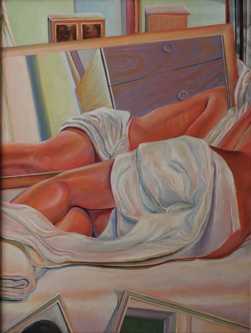 Reflection (1976) by Richard L. Tuck — modernist oil painting exploring perception, identity, and psychological depth.