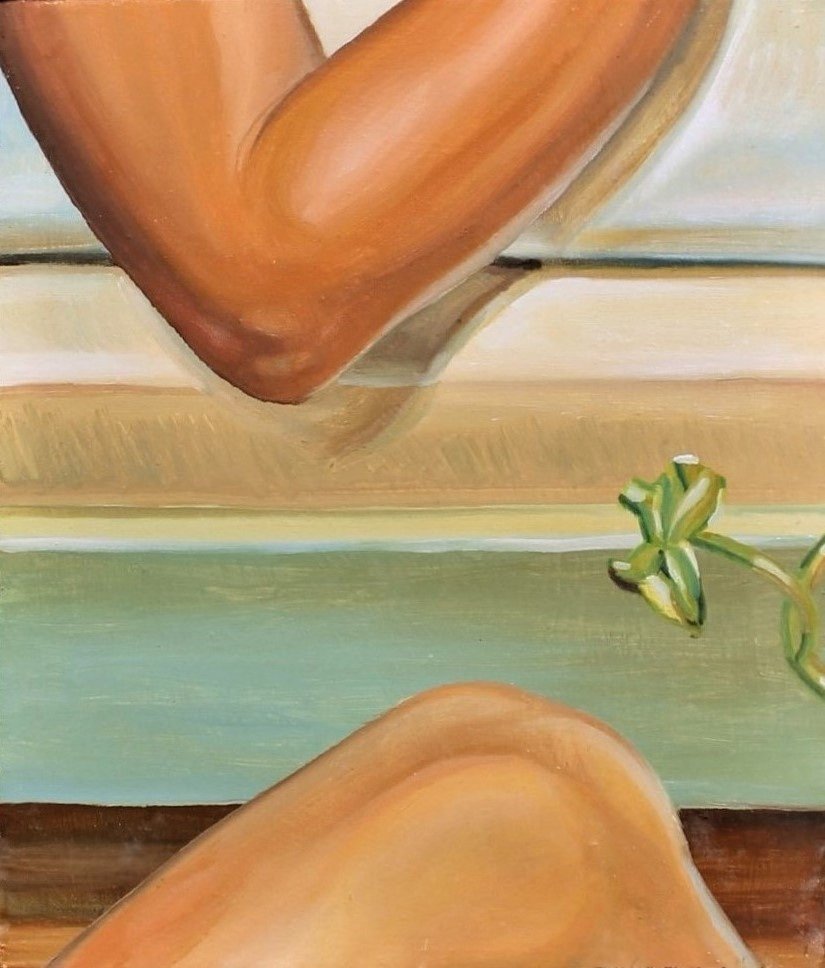 A 1981 painting that isolates the elbow and knee as humorous, overlooked body fragments, blending Pop‑influenced social critique with a playful exploration of cultural meaning and human