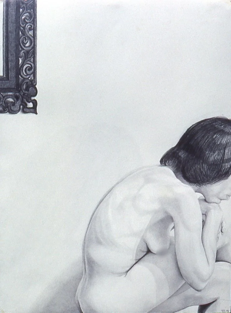 Pencil drawing on rag paper (18x24”) portraying quiet introspection. This minimalist study reflects Tuck’s early interest in form, gesture, and psychological nuance.