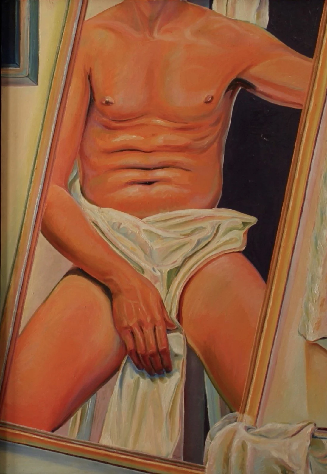 Figure sitting before a mirror in a compressed interior space, confronting his own reflection, 1983 painting by Richard L. Tuck.”