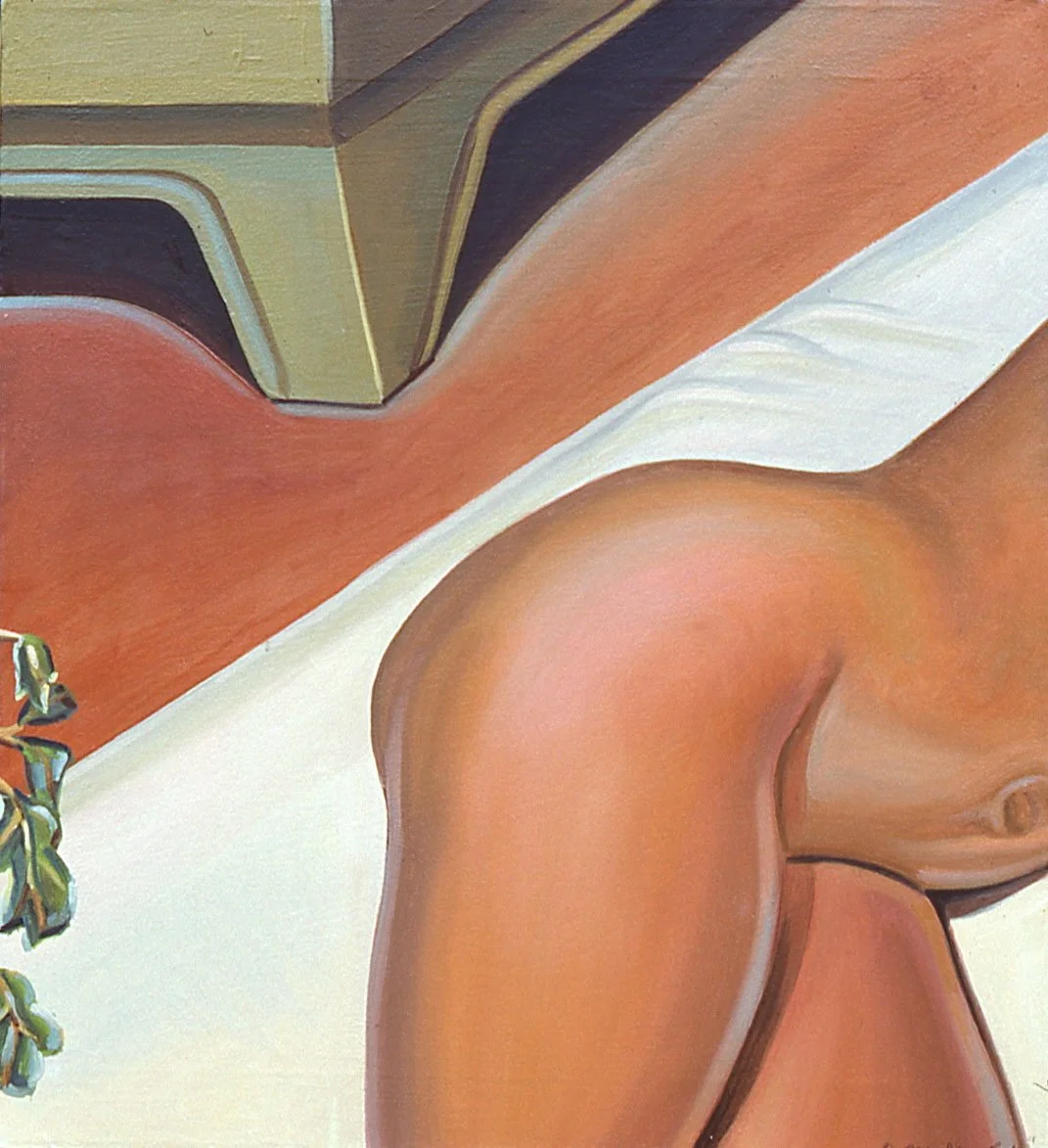 Modernist realist oil painting of a reclining female torso with sweeping contours, diagonal white support surface, deep orange floor behind, and ivy at lower left.