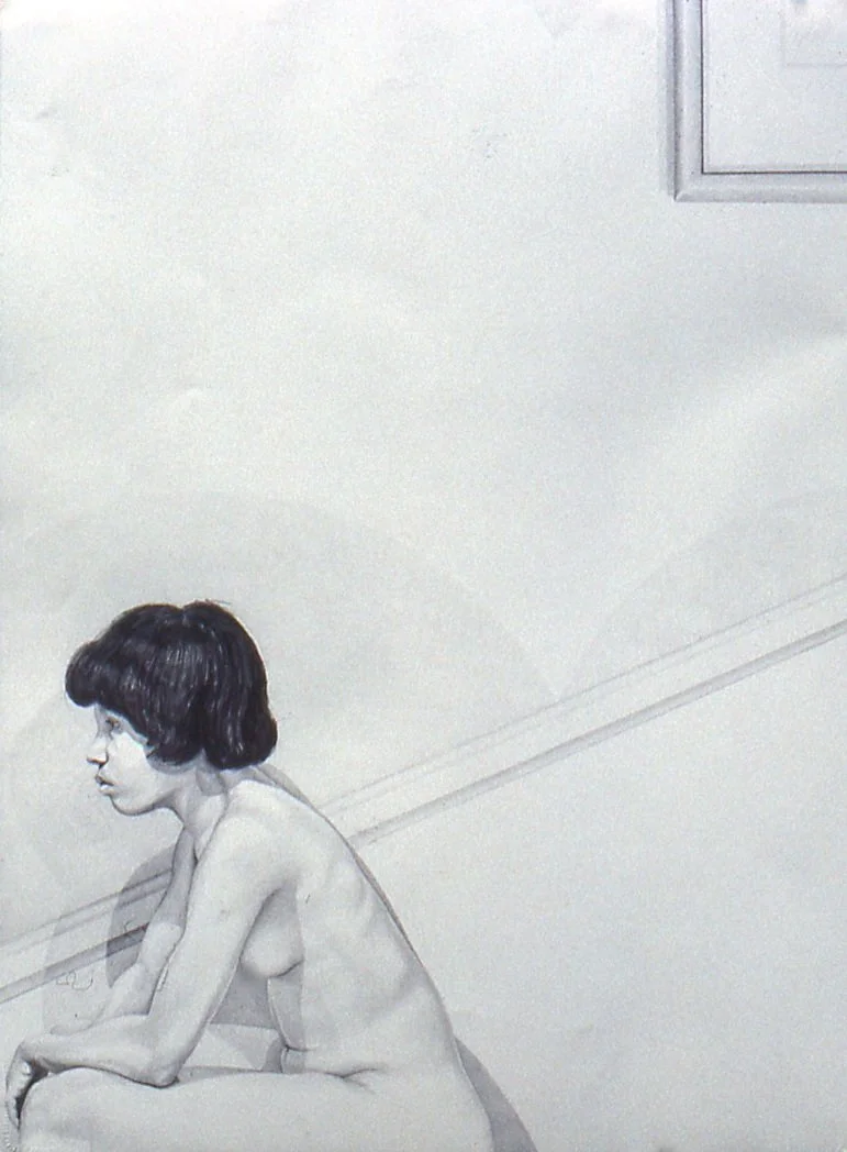 A refined pencil drawing of a nude seated woman leaning left, elbows on knees, with an open wall with architectural elements creating tension behind.