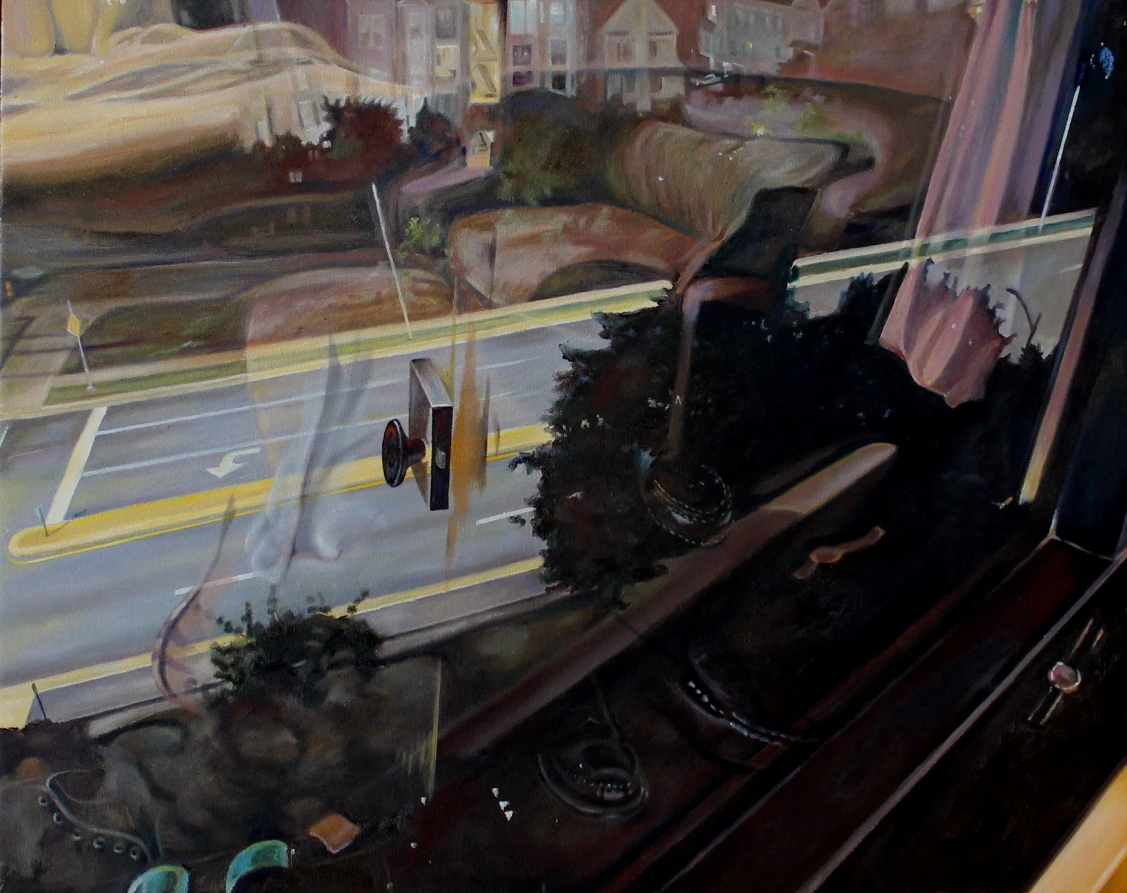 Reflection of a street scene with trees, houses, and a golf course seen through a glass window, with indoor objects like a desk, chair, and a laptop reflected on the glass.