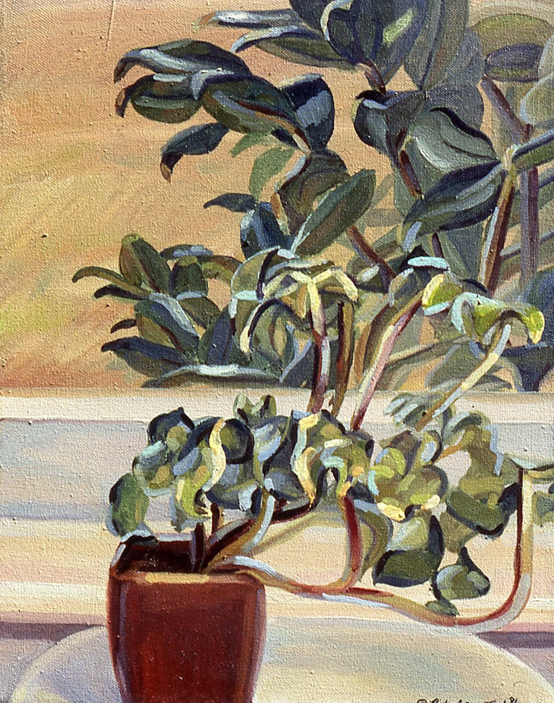 An ivy plant in a small pot rest on a stool in front of a window ledge. The leaves of a bush rise behind the window ledge outside in contrast to the warm yellow of the ground behind. Leaves Inside and Outside 1981