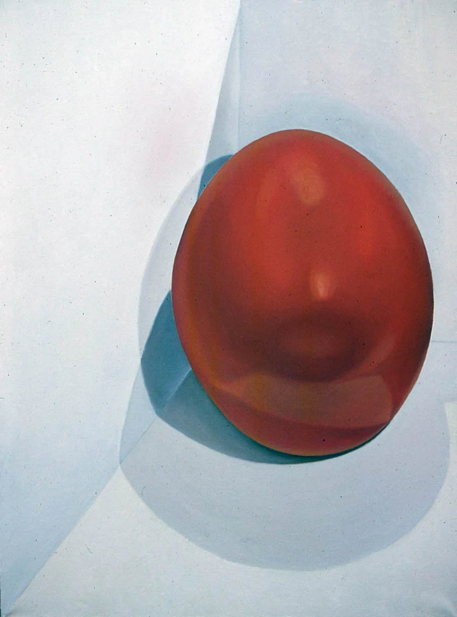 “Abstracted still life with red egg form, bold color masses and modernist composition.”