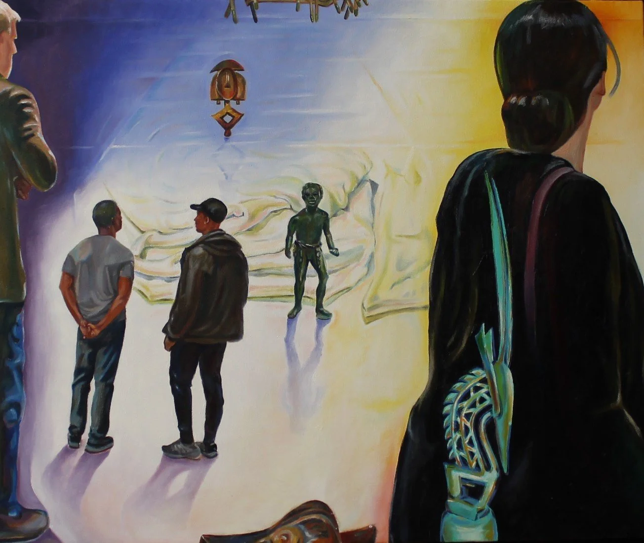 An imaginative, symbolic landscape where figures, African artifacts, and shifting color fields explore identity, distance, and cultural memory.