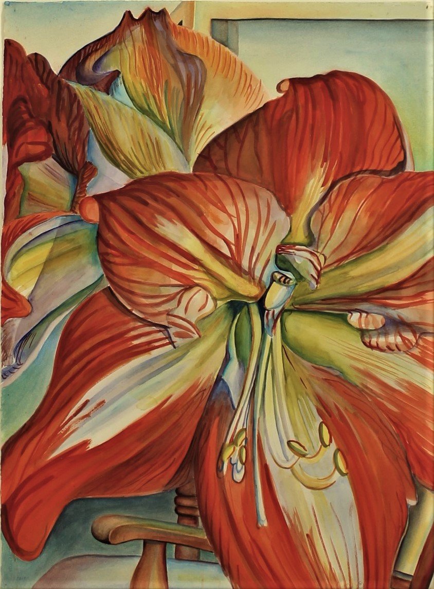 Watercolor close up of amaryllis petals, highlighting delicate textures and the plant’s ability to define the visual field through magnified observation.