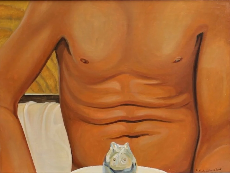Modernist realist oil painting of a man’s torso with warm flesh tones emphasizing form and contour and a small reflective glass owl at the bottom edge.”