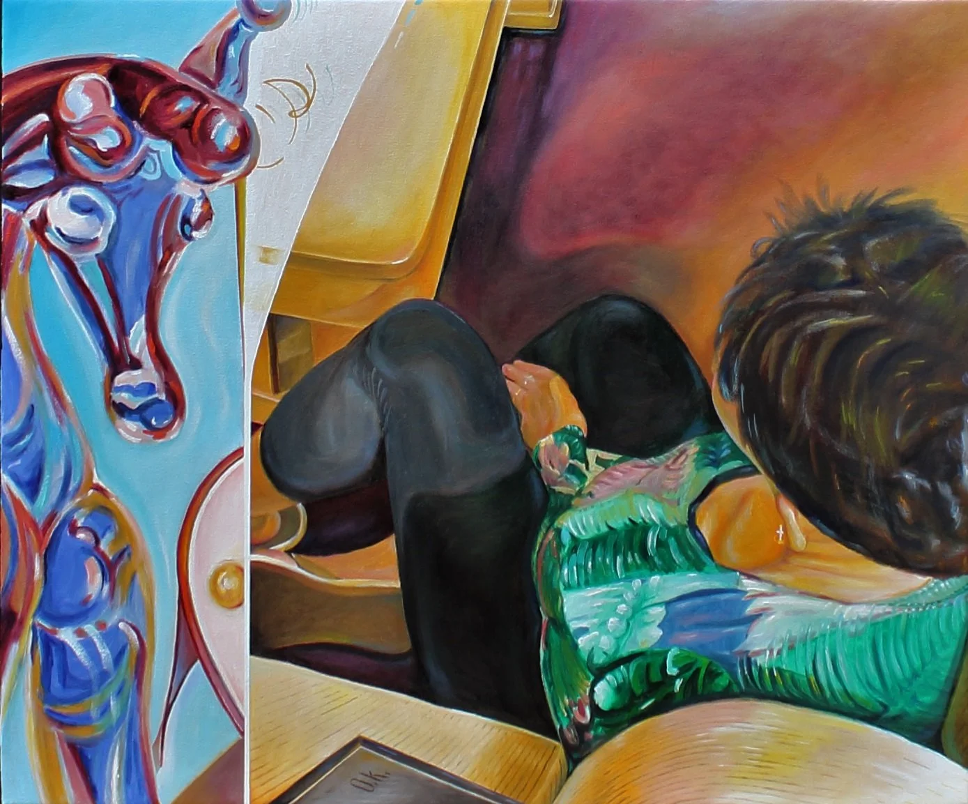 Richard L Tuck's large oil painting of a seated woman viewed overhead in a quiet moment with a n enlarged glass horse figurine peeping in towards her.