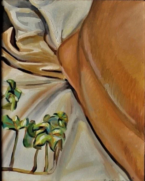 A 1981 painting where a fragmentary human back, folded cloth, and a gravity‑defying ivy vine create a layered study of form, space, and reductive composition.