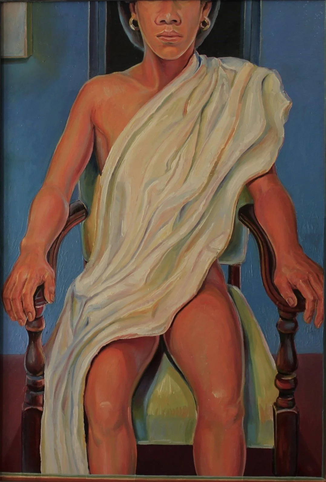 Centered female figure with a steady outward position, rendered with symbolic presence and authority, 1983 painting by Richard L. Tuck.