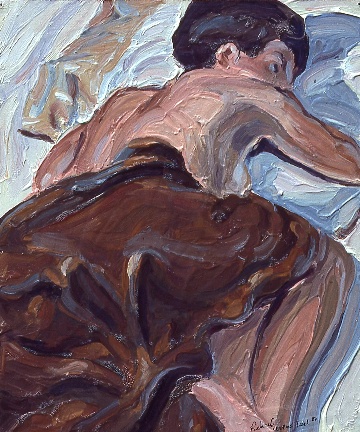 Woman Under Blanket painting figure study of a reclining woman with expressive contour and warm tones.”