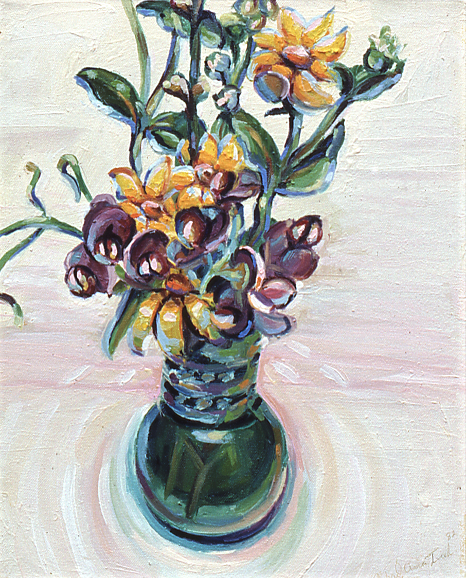 Oil painting of flowers in a green vase, emphasizing the interplay of color, light, and the vase’s reflective surface within a domestic setting.
