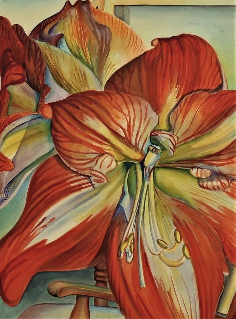 A luminous 1990 watercolor exploring how translucent amaryllis petals gather and transmit light, balancing warm reds with cooler purples and blues.