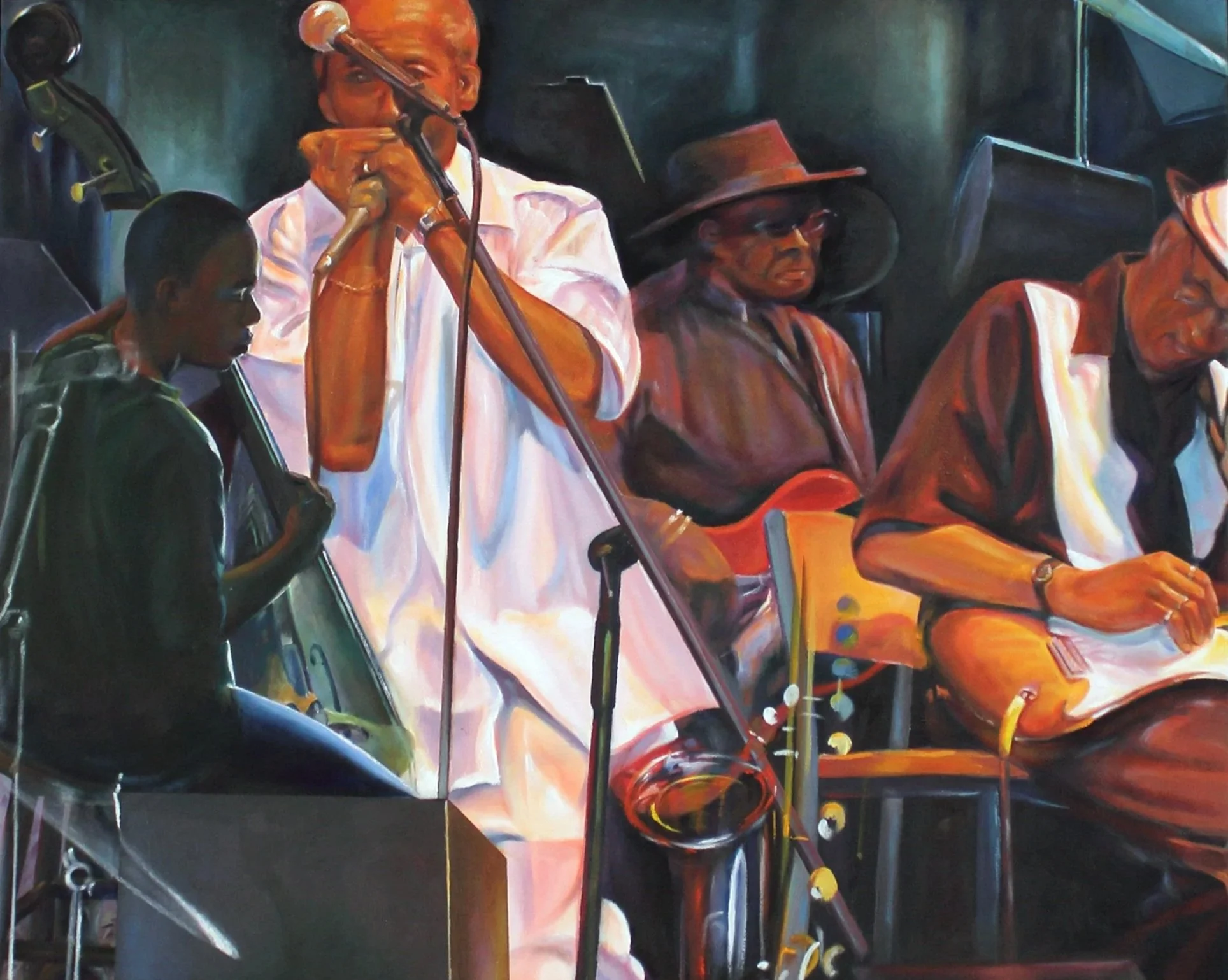 A large oil painting of a young musician imagining he is playing with a trio of blues musicians