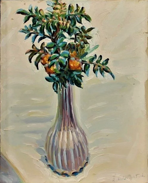 Oil painting of flowers arranged in a shell shaped vase, combining organic forms with a sculptural container in a softly lit interior.