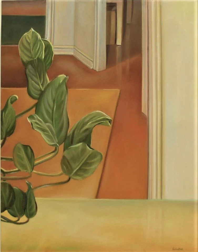 Oil pastel drawing of a prayer plant placed in a hallway, inviting spatial movement and emphasizing the plant’s relationship to architectural surroundings.