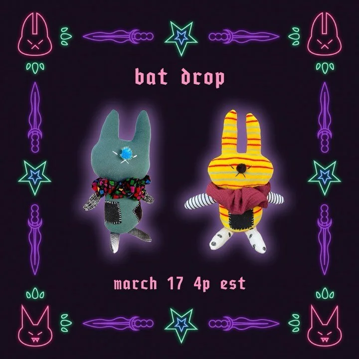 bat drop tomorrow !!! 🦇 at 4p est 20 one of a kind bats will be up for grabs 🖤 made in collaboration w @sc00ba weeeeeee get &lsquo;em while u can ⭐️

.
.
.
.
 🏷️ #handmade&nbsp;#plushie&nbsp;#bat #plushcore&nbsp;#plushiesofinstagram #ooak #plushie