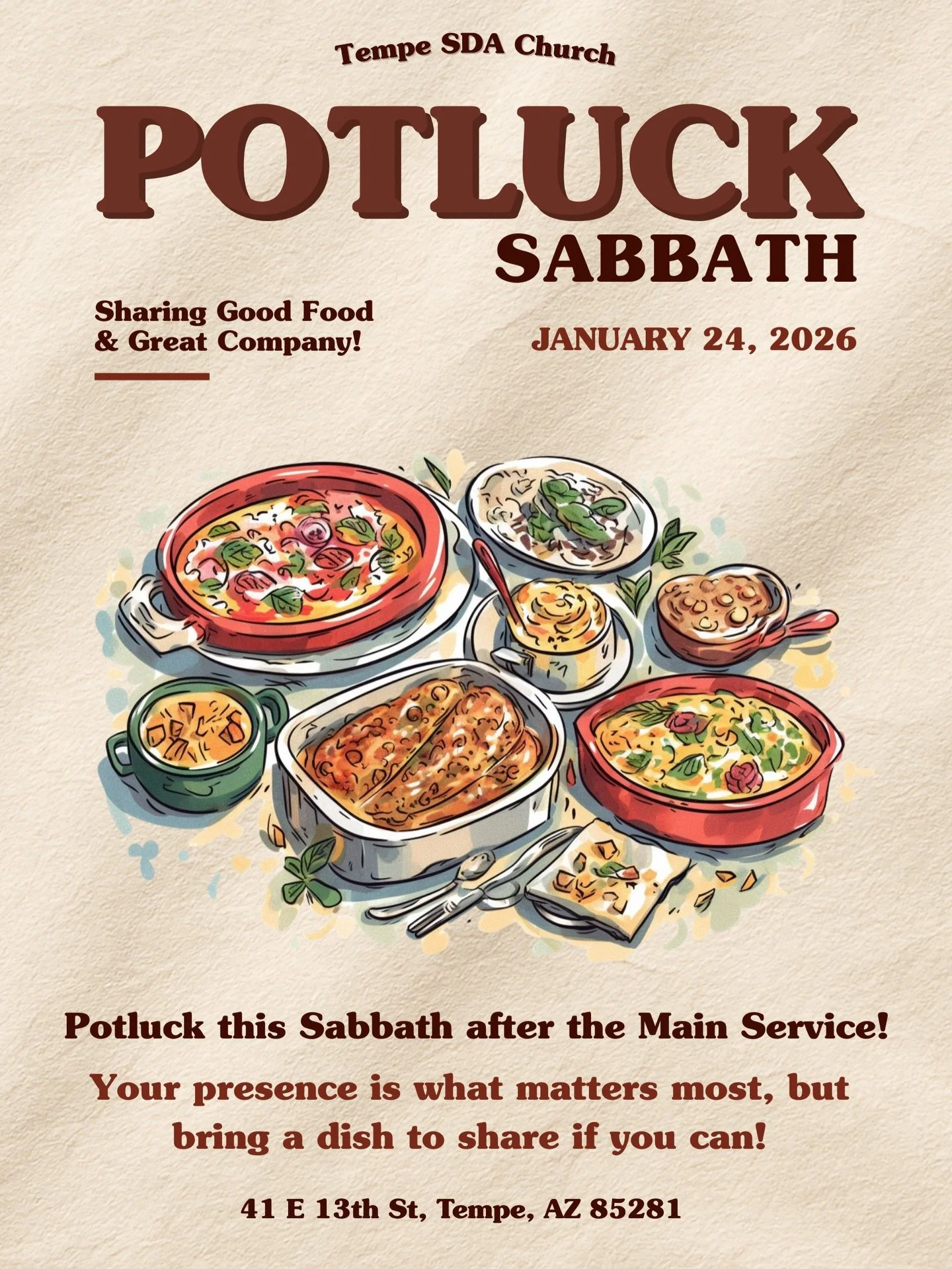 Potluck this Sabbath!! 🥘✨
Main service starts at 11 am, and we&rsquo;d love for you to stay after and eat with us. 🙏🏼

All are welcome! 😊 If you&rsquo;re able, please bring a dish to share. The more food, the more fellowship, and the better the p
