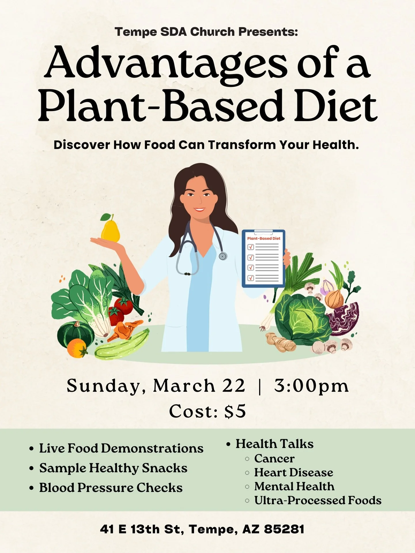 Join us for 𝘼𝙙𝙫𝙖𝙣𝙩𝙖𝙜𝙚𝙨 𝙤𝙛 𝙖 𝙋𝙡𝙖𝙣𝙩-𝘽𝙖𝙨𝙚𝙙 𝘿𝙞𝙚𝙩 🥦🥕🥒

Discover how food can transform your health with Live Demonstrations, Healthy Snack Samples, Blood Pressure Checks, and Powerful Health Talks. 

🗓️ Sunday, March 22
🕰️ 