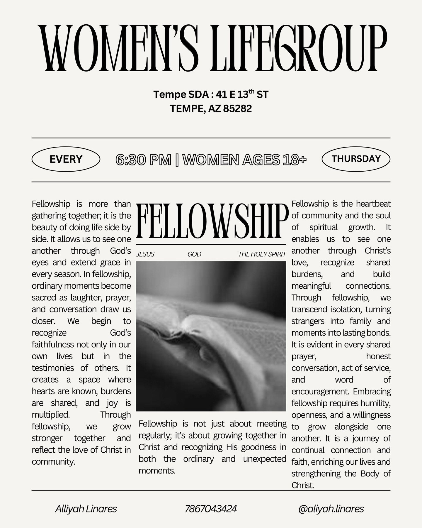 Women&rsquo;s Life Group 🌸🌷

A space for women to come together, grow in Christ, and share life with one another. Come share your heart, your testimony, and grow in faith alongside other women. 🤍

⏰ Thursdays at 6:30 PM
📍 Tempe SDA Church
41 E 13