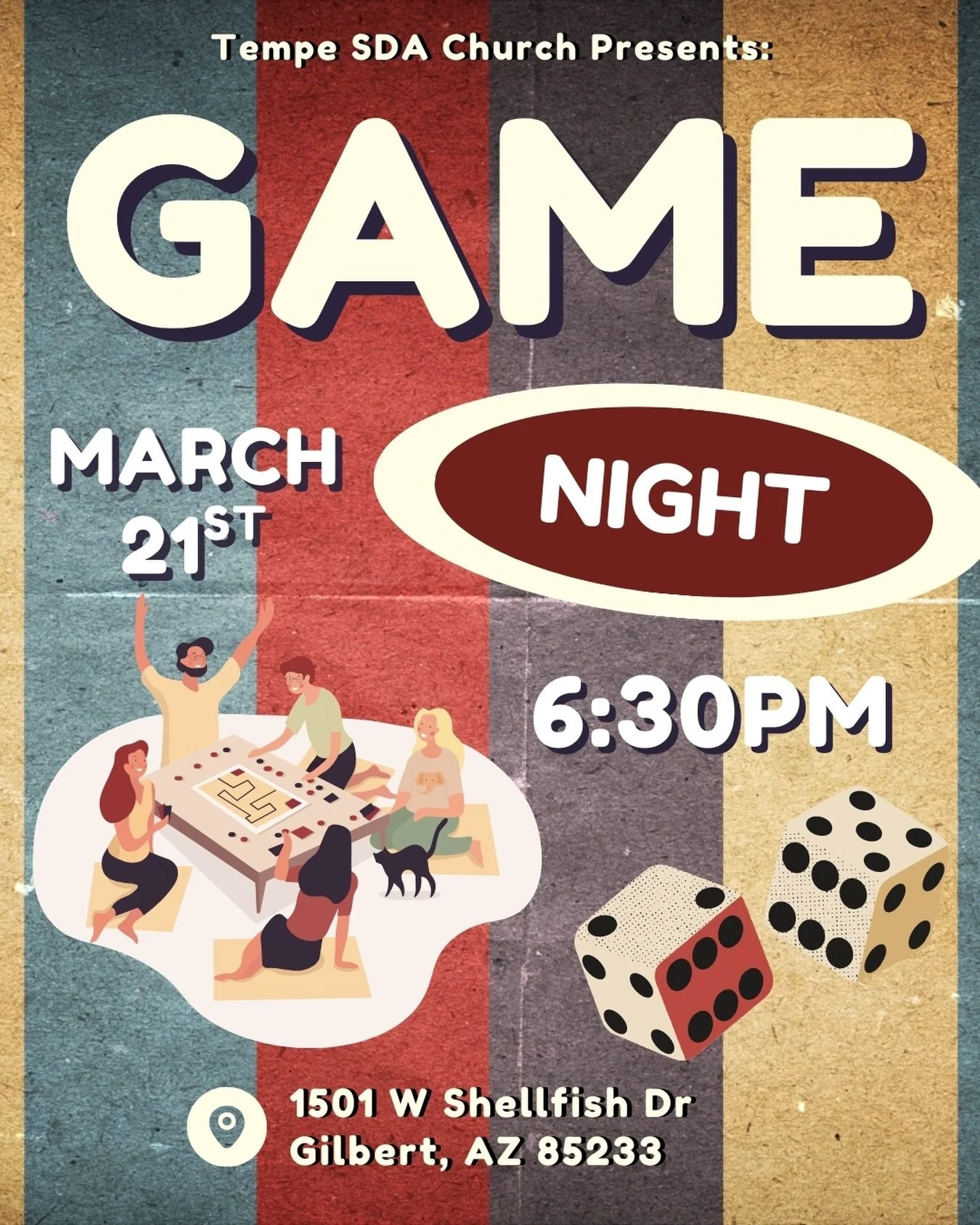 Game Night is coming! 🎲✨
Join us for a fun evening of board games, laughter, and fellowship! 😄

🗓 March 21
⏰ 6:30 PM
📍 1501 W Shellfish Dr, Gilbert, AZ 85233

Bring a friend and come ready for a good time!👥

#tempesdachurch #gamenight #fellowshi
