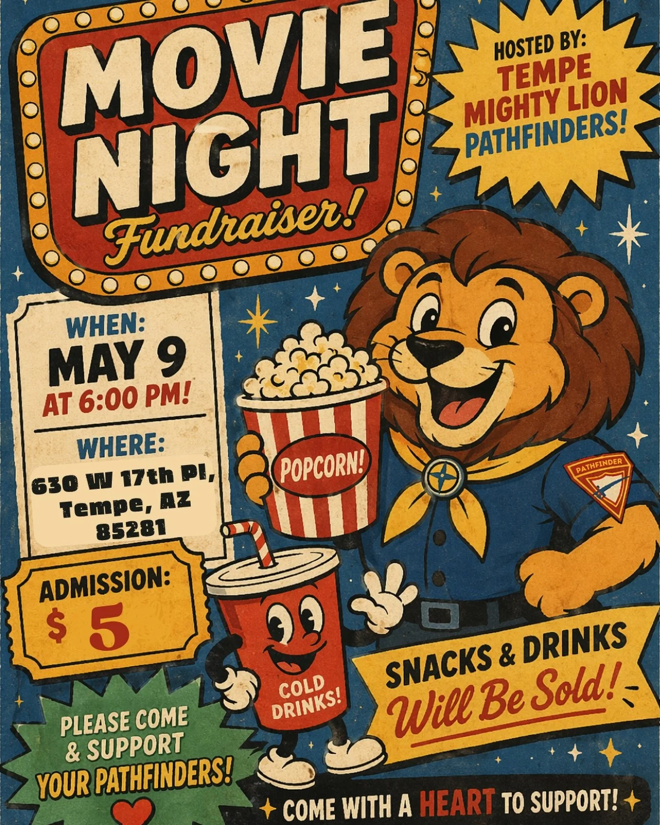 Save the date for a movie night under the stars and
Come Support our Pathfinders Movie Fundraiser! 🎬🍿

🗓️ May 9th at 6pm
📍 630 W 17th Place, Tempe, AZ 85281
🎟️ $5 Admission
🍿 Snacks &amp; Drinks will be Sold!

Bring your chairs, blankets, pillo