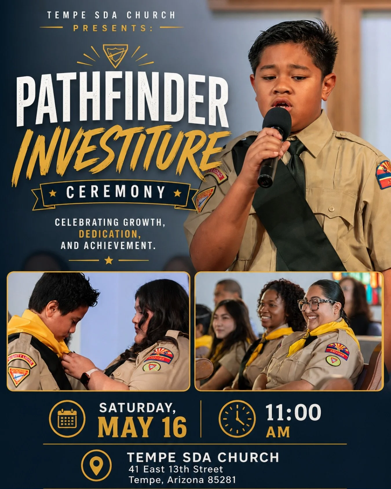 You are all invited to our Pathfinder Investiture Ceremony! 🦁🎖️

📅 Saturday, May 16
⏰ 11AM
📍 Tempe SDA Church

Let&rsquo;s fill the church, show up proud for our Pathfinders, and remind them that they&rsquo;ve got a whole church behind them! ⛪️

