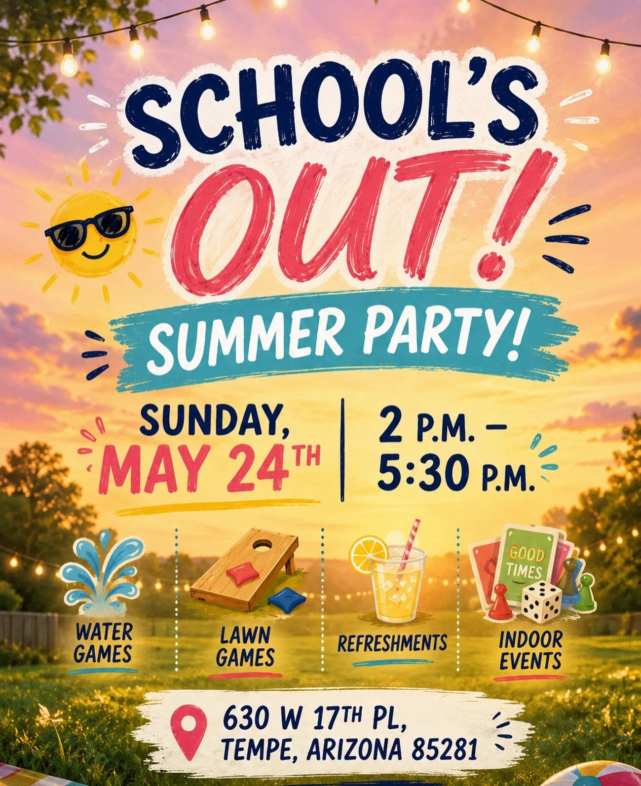 Come hang out with us for a fun summer social filled with water games, lawn games, indoor games, refreshments, and all the good summer activities excitement ☀️🧃🍉

📍 630 W 17th PL, Tempe, Arizona 85281
🗓 Sunday, May 24th
⏰ 2pm&ndash; 5:30 pm

Brin
