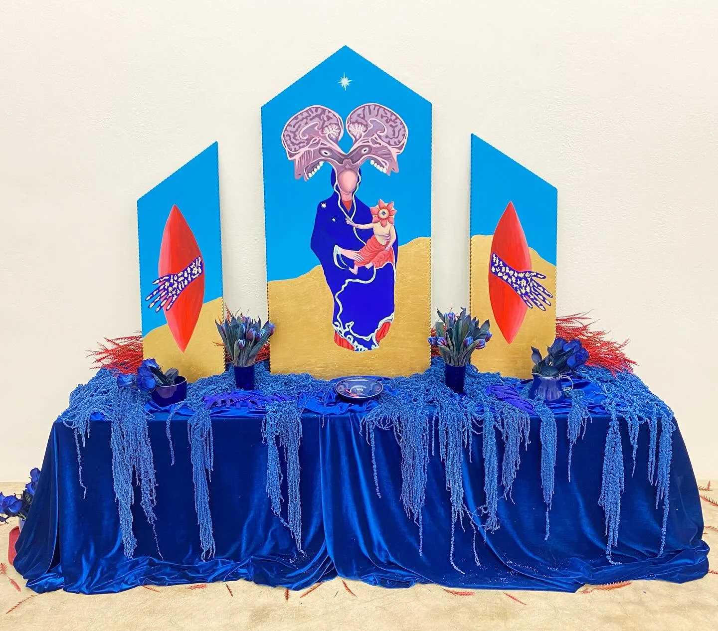 She&rsquo;s getting fresh flowers weekly. 🥀 

Mater Mysteriorum (Mother of Mysteries)
Acrylic, vinyl emulsion, and brass milagros on panel, with velvet and fresh flowers. 48&rdquo; x 60&rdquo; 2026.

Come see this altar evolve with wave after wave o