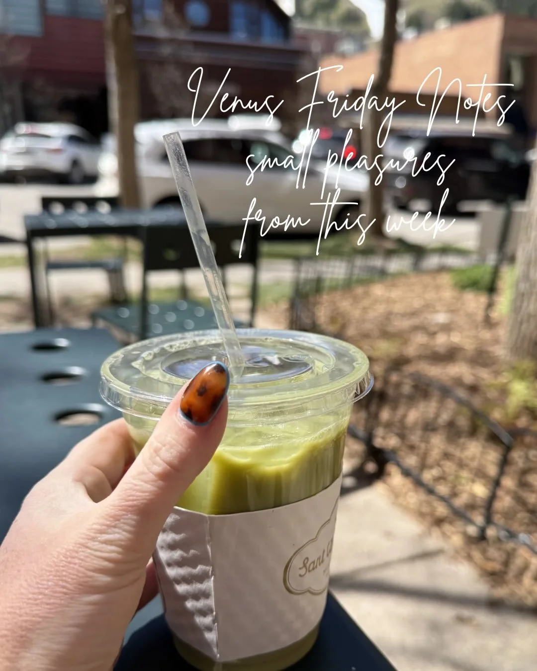 Venus Friday Notes ✨
small pleasures from this week

a patio matcha in Aspen

trees just starting to bloom along the river

celebrating our 14 year wedding anniversary 

sole with capers

art nails and a Stetson moment before a tarot reading event

a