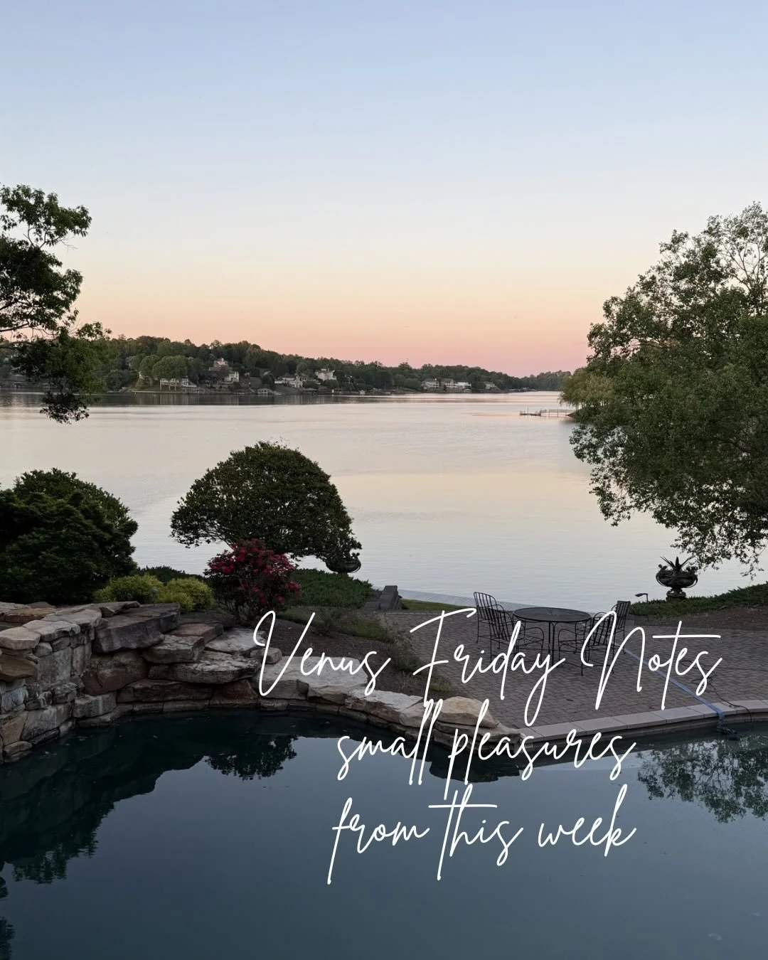Venus Friday Notes ✨
Small pleasures from this week.

Sunset over the lake.

A pink lululemon purse for my 10 year old Aries niece&rsquo;s birthday.

Date night with my favorite Scorpio. 🥂

Spring in North Carolina.

A spoiled yorkie on his nature w