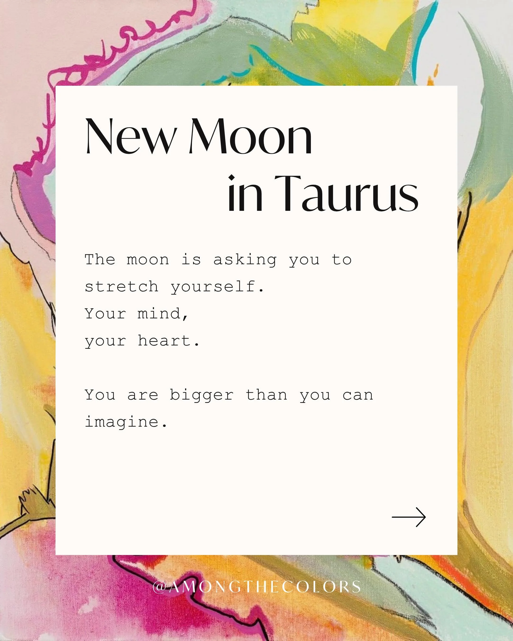 New Moon in Taurus. 🌑🌱

The new moon arrives in Taurus 25&deg;57&rsquo; on May 16 at 2pm MST.

The tarot card I pulled for this lunation is The World. 

This card is asking us to stretch our awareness &mdash;
 to make our reality big enough to move