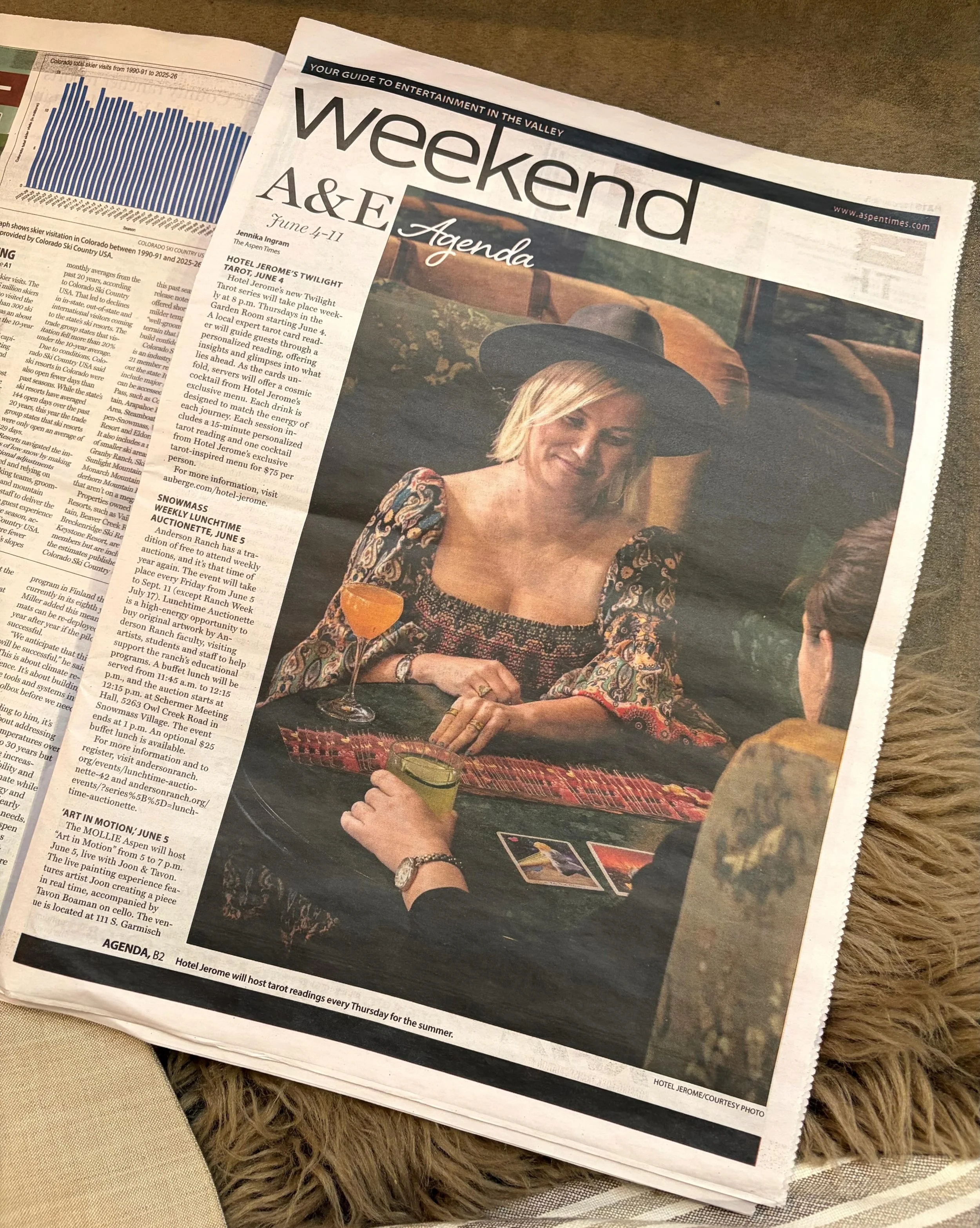 Loving this little press moment in the Aspen Times for my summer tarot residency at the Hotel Jerome ✨🔮 Thursdays 8-9 in the Garden Room. 

Each session pairs a personalized reading with a cosmic cocktail (or mocktail) from the @hoteljeromeauberge t