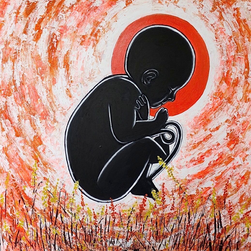 TANGERINE DREAMS (2021). Acrylic, Oil Pastels and Charcoal on Canvas, 100 x 100 cm