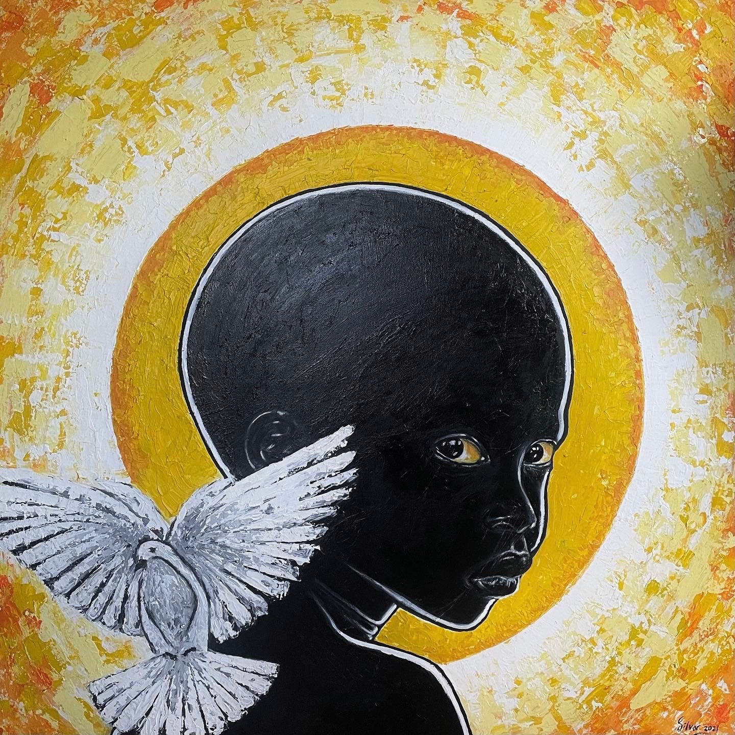 THE SUN ROSE ON US ALL (2021). Acrylic, Oil Pastels and Charcoal on Canvas, 100 x 100 cm