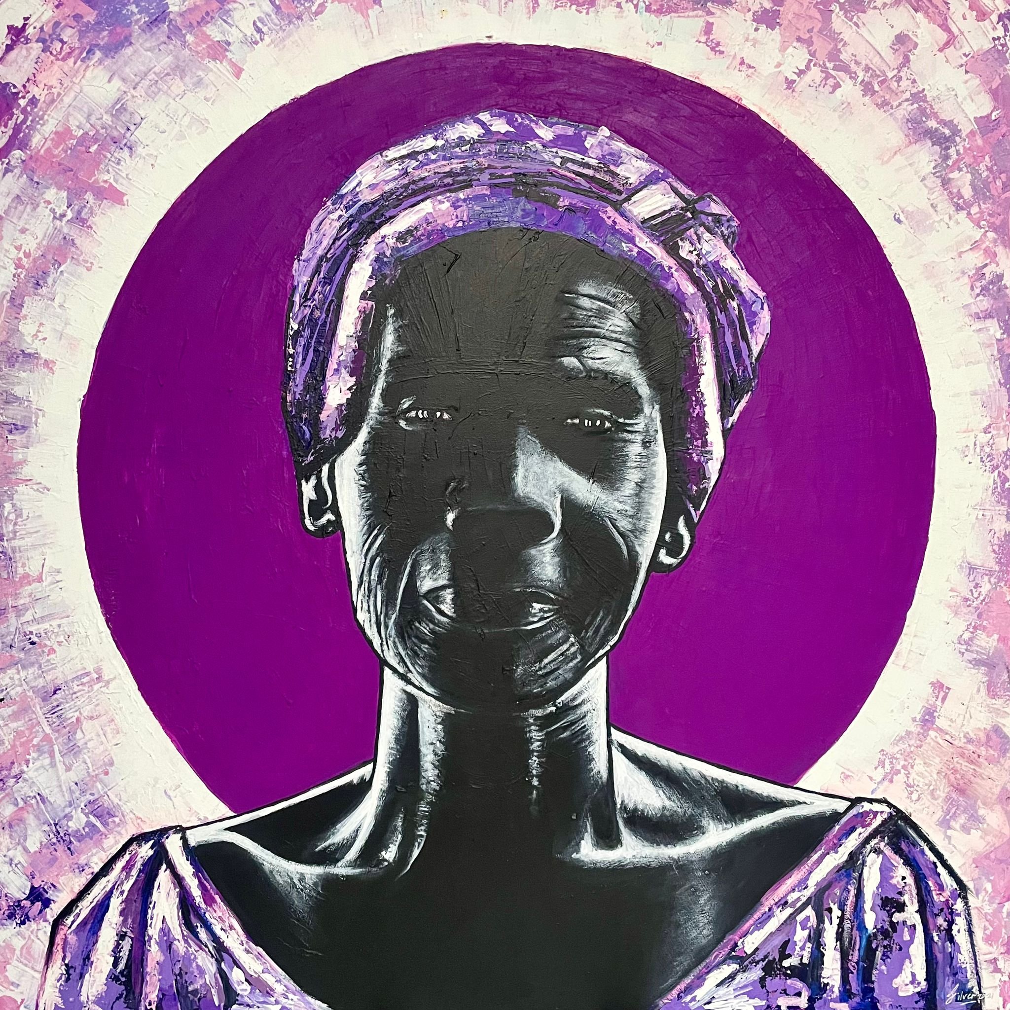 THE LAVENDER FIELDS OF ZION (2021). Acrylic, Oil Pastels and Charcoal on Canvas, 100 x 100 cm