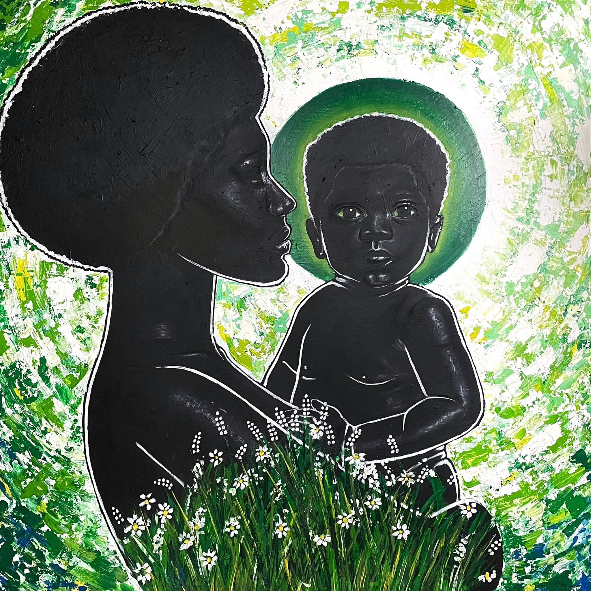 HOLY ONES (2021). Acrylic, Oil Pastels and Charcoal on Canvas, 100 x 100 cm
