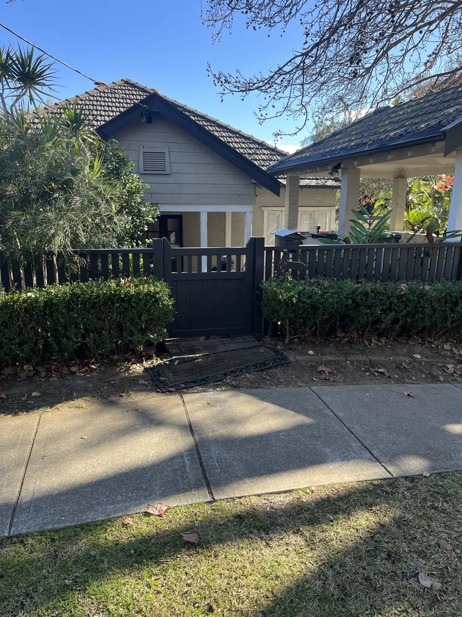 Painted Picket Fencing and Gate with Hand Rail Longueville.jpeg