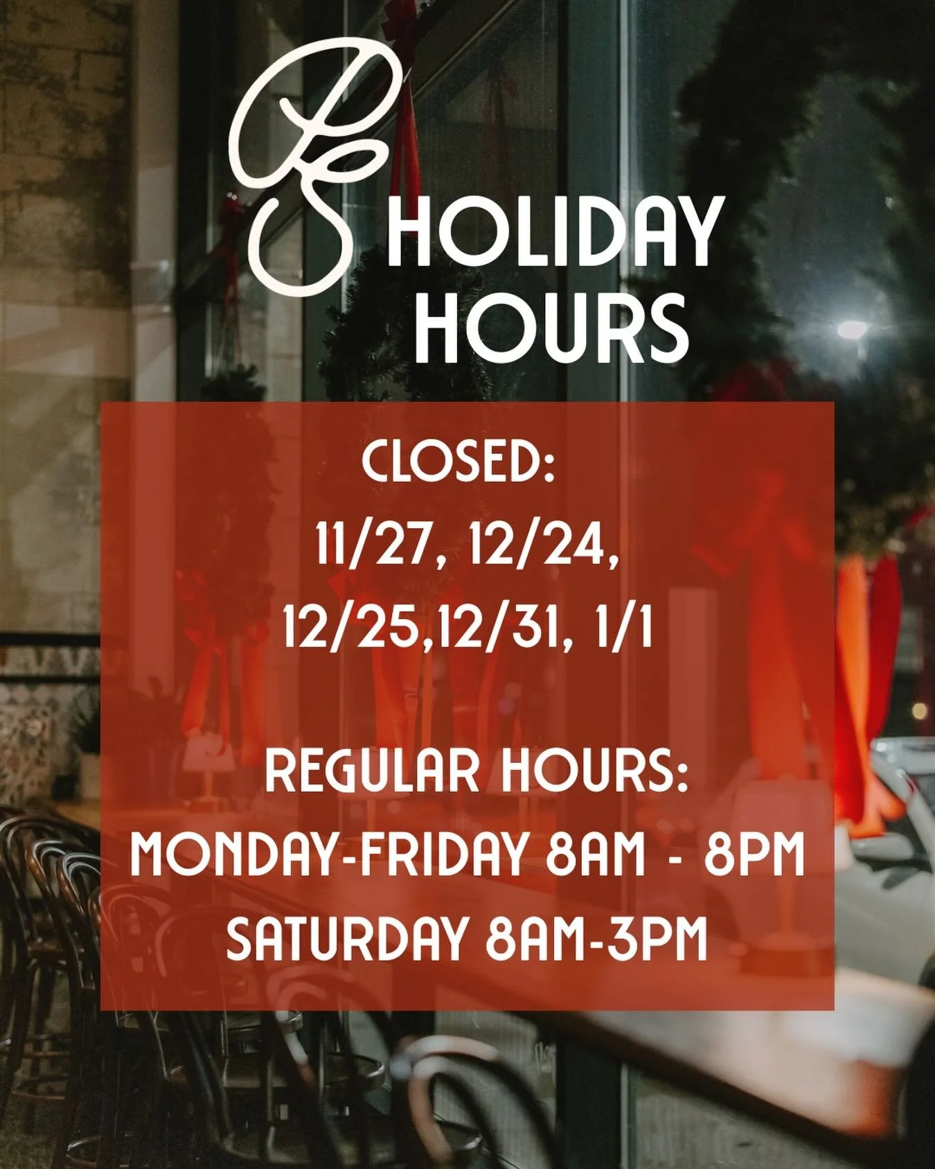 ✨HOURS FOR THE HOLIDAY SEASON✨ we&rsquo;ll be closed for Thanksgiving, Christmas Eve + Day, New Year&rsquo;s Eve + Day, but all other days are regular hours!

Regular Hours:
Monday-Friday 8am-8pm
Saturdays 8am-3pm