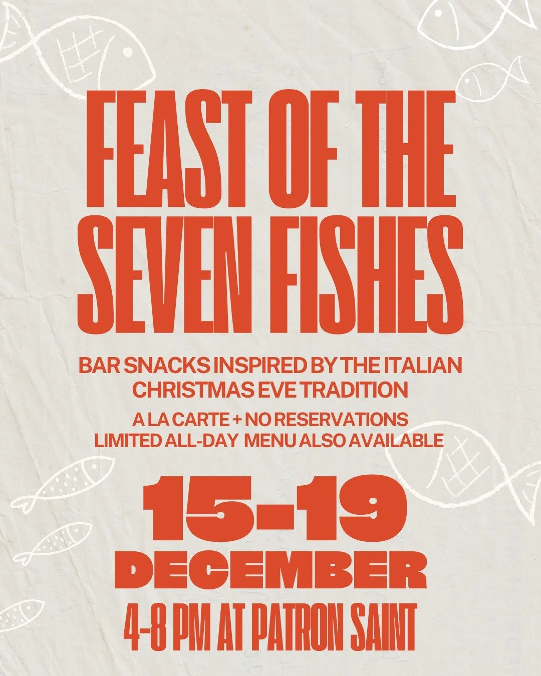 🐟🐠🐙🦀🦐🐟🐠🦐🐙🐠🐟

FEAST OF THE 7 FISHES RETURNS! Our third annual celebration of seafood is back! We'll be dropping the menu later this week, but rest assured smelts and fish wine will be making a return. 

DECEMBER 15-19th | no reservations, a