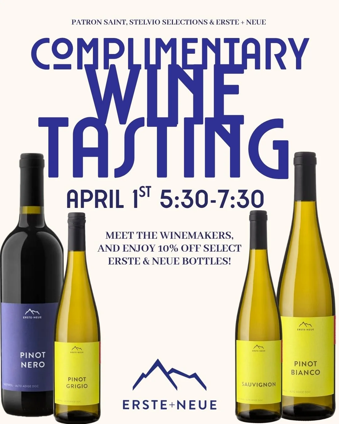 🍷 COMPLIMENTARY WINE TASTING! 🍇

We're kicking off our spring/summer wine tasting series with a special event featuring the winemakers of Erste &amp; Neue. Join us Wednesday, April 1st from 5:30-7:30 for complimentary pours, and 10% off Erste &amp;