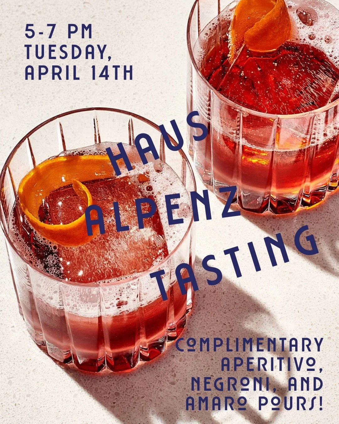 🍓 HAUS ALPENZ TASTING 🌟

Join us for a VERY exciting evening of tasting with Haus Alepnz on Tuesday, April 14th from 5-7pm. Try the new Chamb&eacute;ryzette that tastes like spring in a bottle, a phenomenal bottled Negroni (aka the ultimate hostess