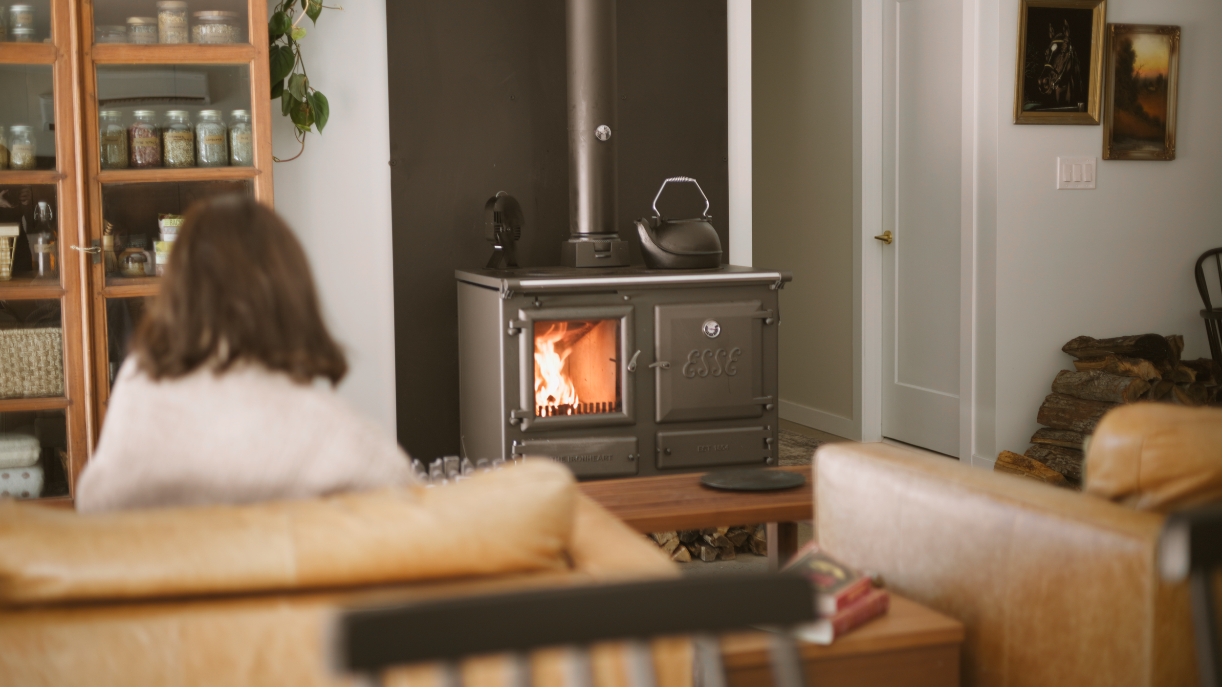 A person with brown hair sitting on a beige couch in a living room, facing a wood stove with a fire burning inside. The room has shelves with jars and a plant, and framed artwork on the wall.