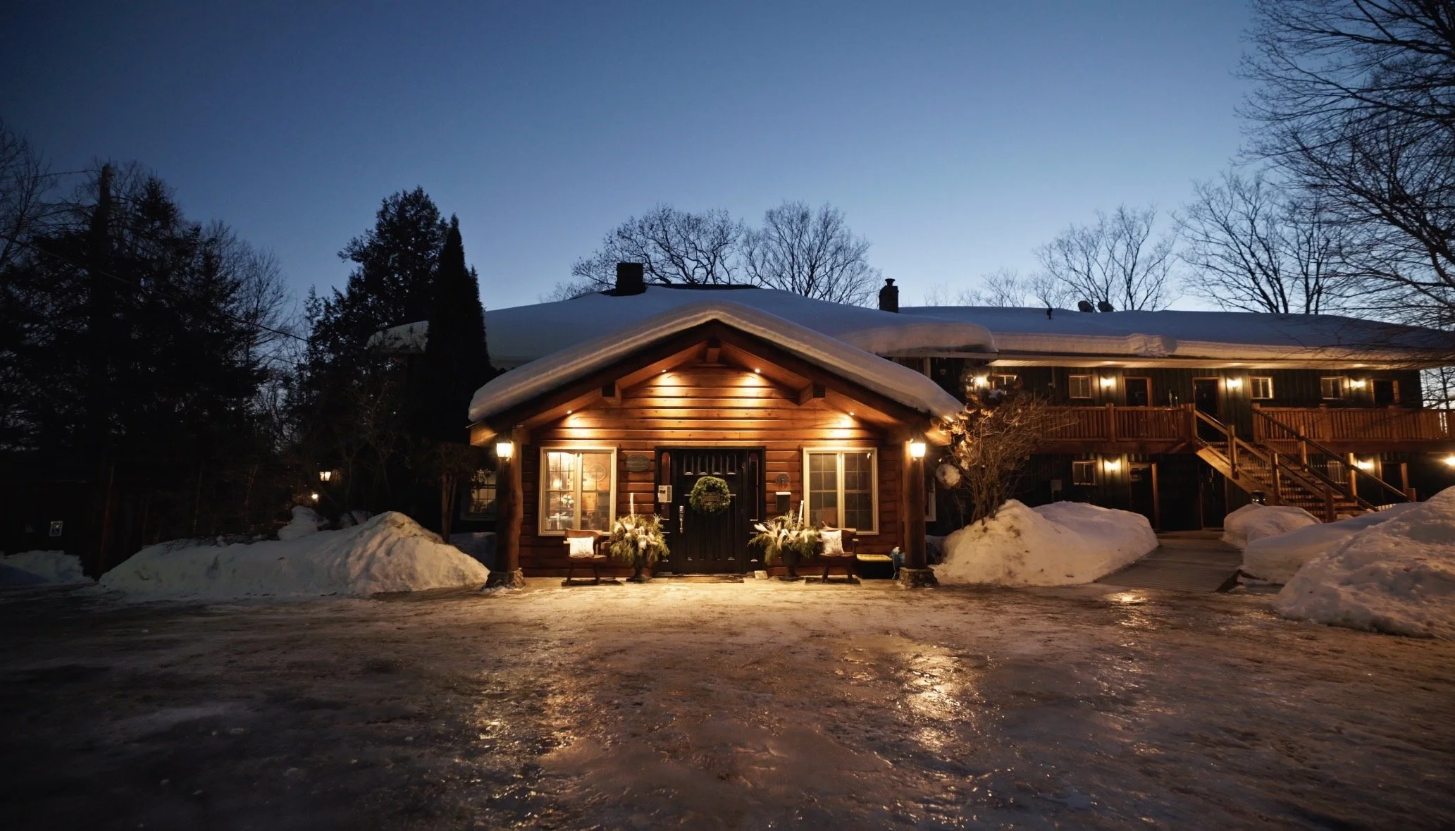 Log cabin building at twilight with ambient lighting
