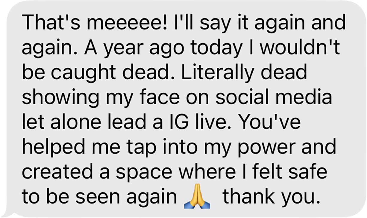 Text message expressing gratitude for social media support, with a praying hands emoji at the end.