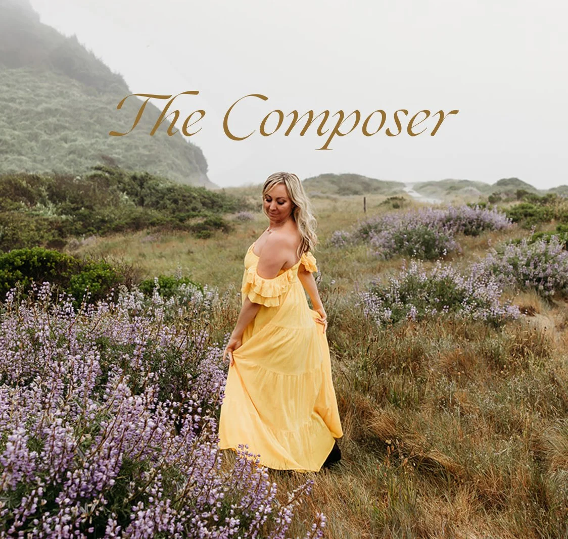 A woman in a yellow dress standing in a field of purple flowers with misty hills in the background and the text 'The Composer' at the top.